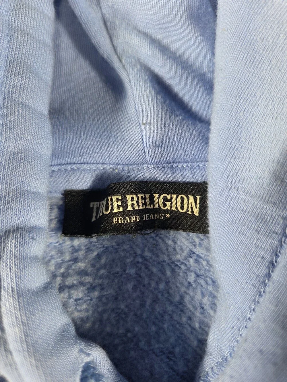 True Religion Logo Tape Pullover Hoodie Blue Medium Graphic Sweatshirt